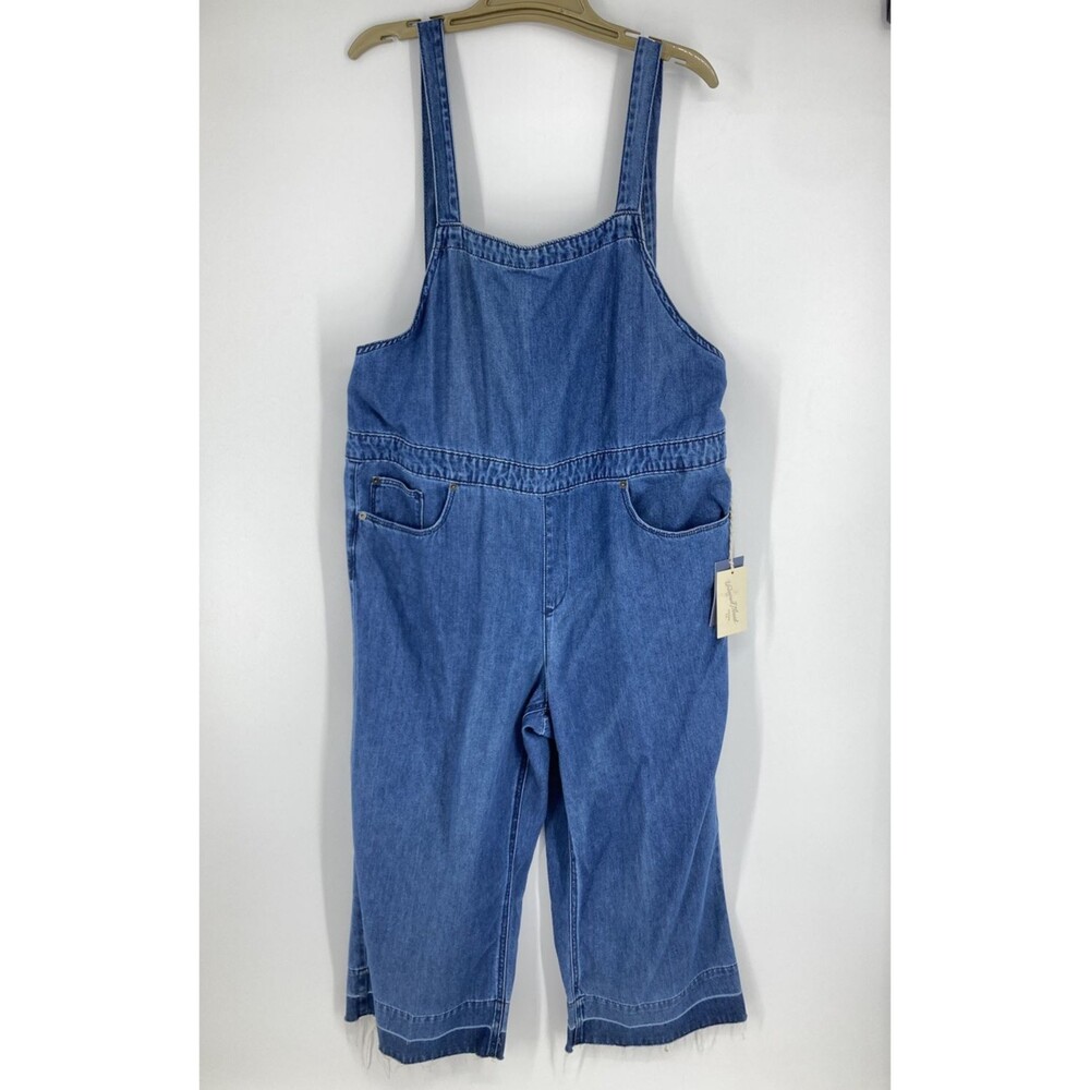 Universal Thread Womens Plus 18 Denim Wide Leg Overalls Cropped Raw Hem Tie Back